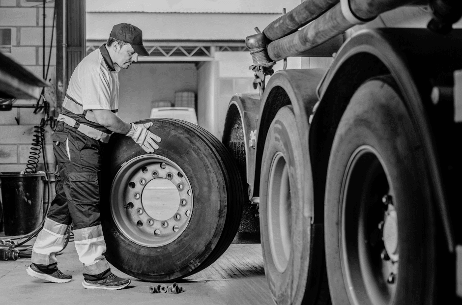 a mechanic installing new truck tires