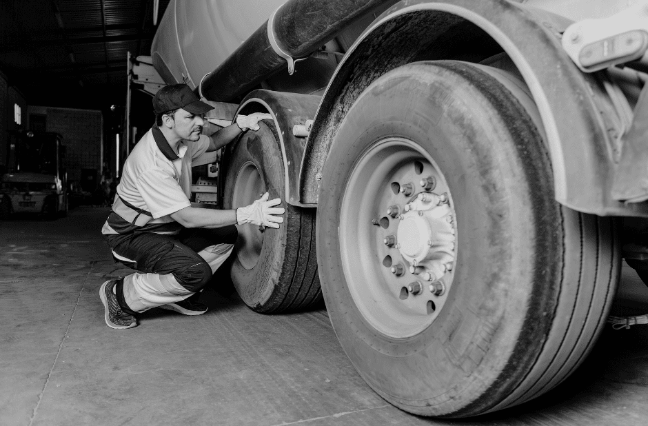 a mechanic examining a truck tire